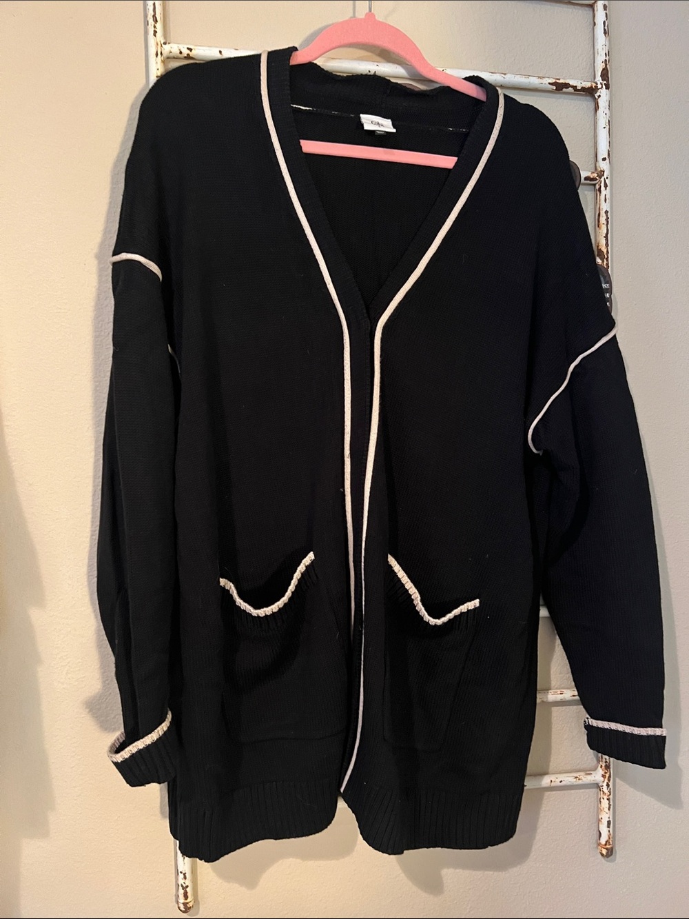 CAbi Black Cardigan with Cream Trim